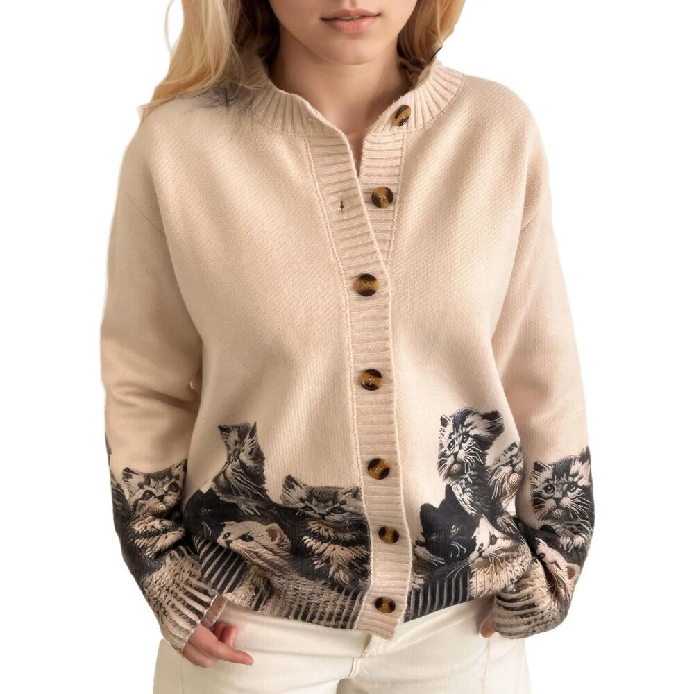 Women’s Knitted Oversize Cat Graphic Cardigan Warm Casual Button Sweater